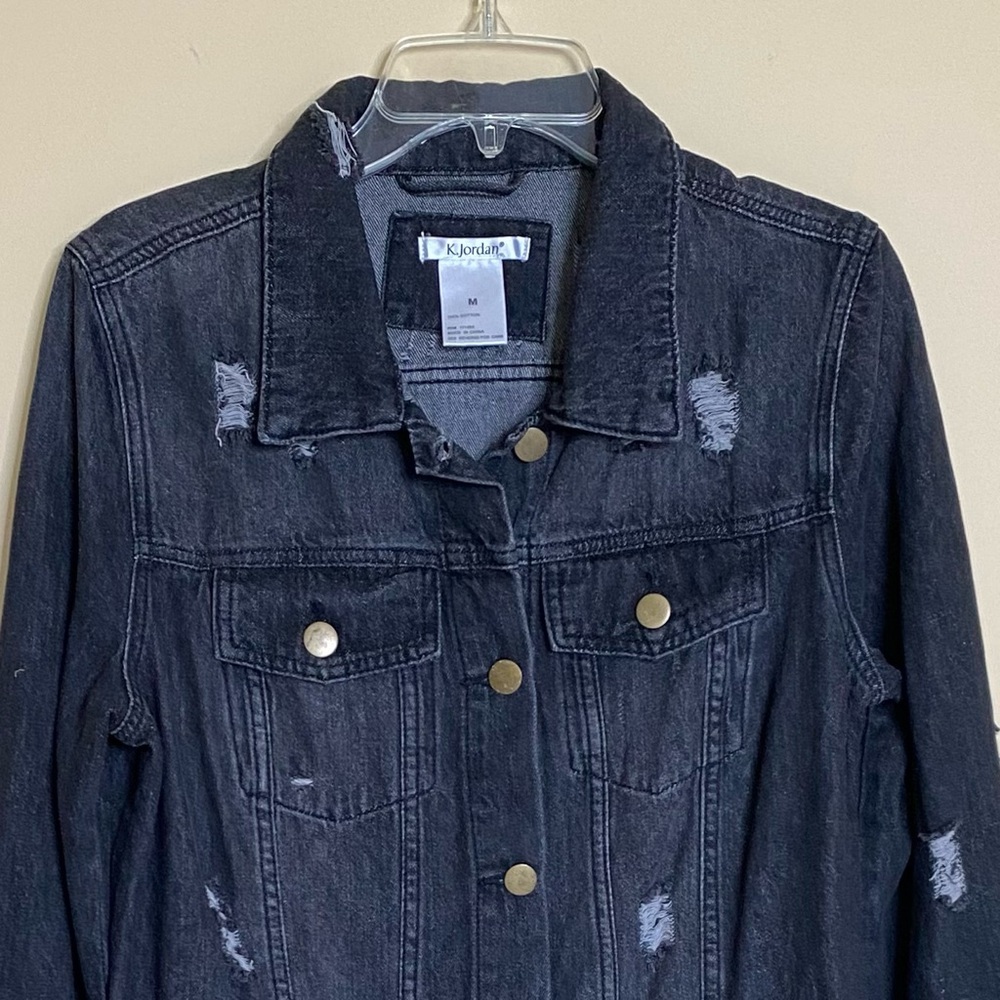 Women's Denim Dress MED Black Distressed Button Front Midi Goth Grunge Alt‎